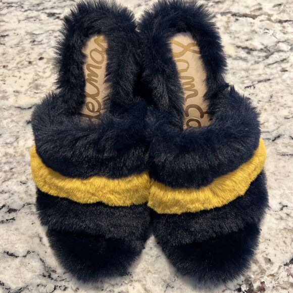 Sam Edelman Yael Furry Mules Blue/Gold/Yellow 7 - Picture 1 of 5